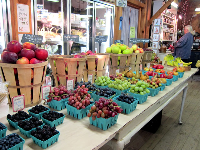 One display of fruits and vegetables.